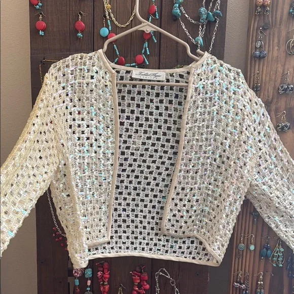 Sequin Mesh Women's Sweater - Cream size S - Picture 4 of 7